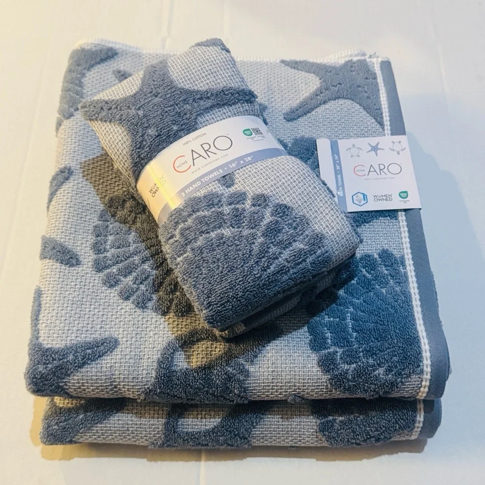 4pc CARO HOME Seashore Pique Bath Towel Set - Starfish/Seashell Design - Blue